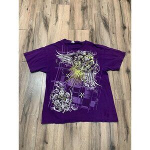 Gildan Mens L Heavy Cotton Graphic T-Shirt Purple Short Sleeve Crew Neck Winged